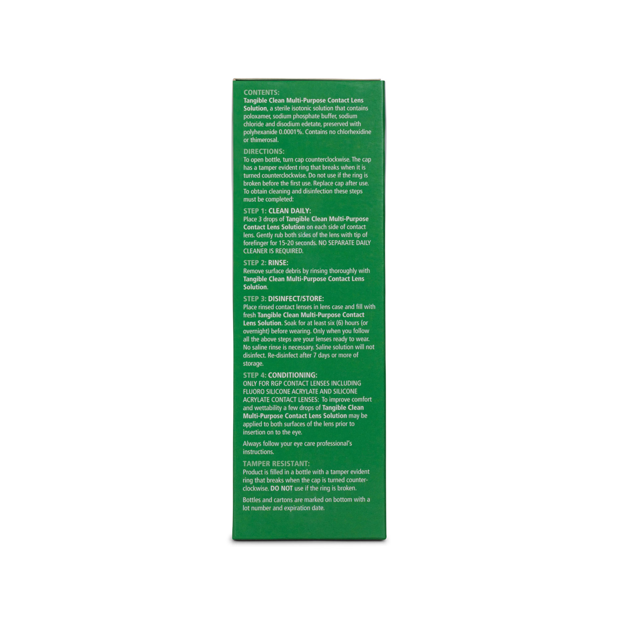 Tangible Clean box containing the instructions on how to use Tangible Clean multi purpose contact lens solution for scleral and RGP contact lenses.  Cleaning, disinfecting, and conditioning solution for all contact lenses including soft, hybrid contact lenses, and scleral contact lenses