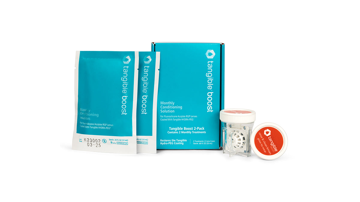 Tangible Boost monthly conditioning solution for scleral lenses, designed to restore the Tangible Hydra-PEG coating. 