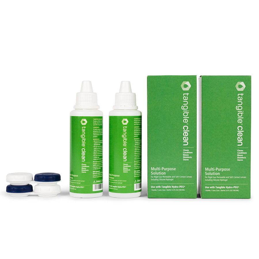 Tangible Clean 3.4oz TSA approved travel pack. Clean your scleral or rgp lenses while traveling